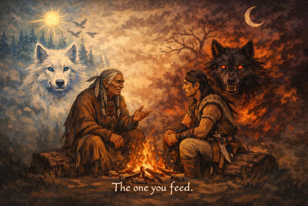 Two figures sharing wisdom by fire.