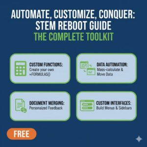 Thumbnail image for an "Automate, Customize, Conquer" guide on Google Apps Script for STEM. Features abstract icons representing automation, customization, and victory (like a trophy), incorporating the document's green, blue, and yellow colors.