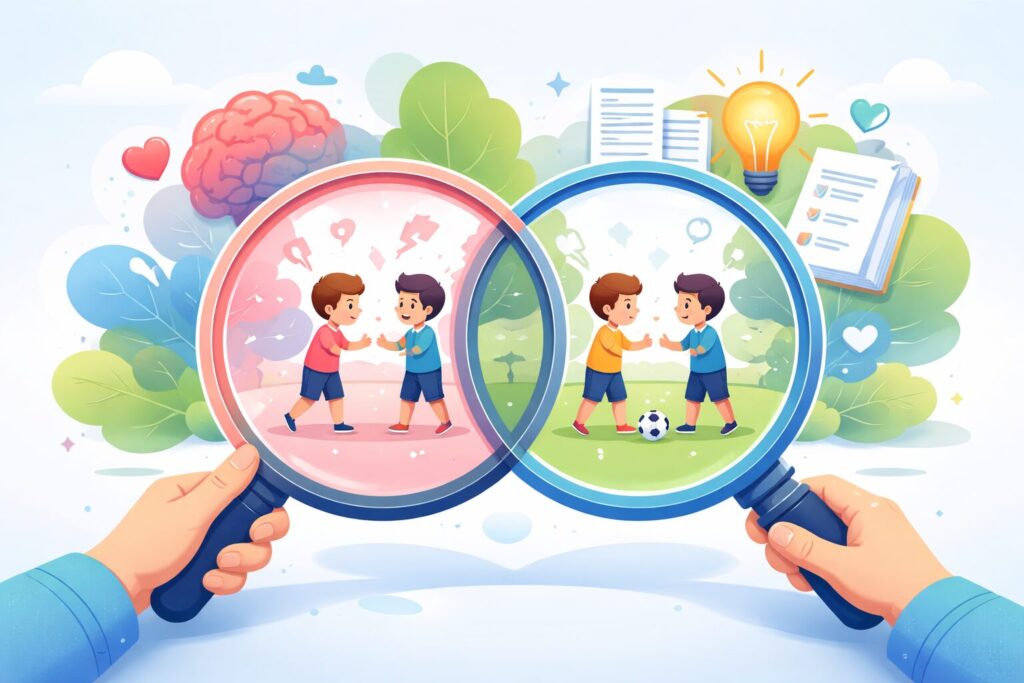 Two children shaking hands, contrasting themes.