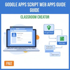 Thumbnail image for a Google Apps Script Web Apps Guide. Features a stylized browser window icon with the Google Sheets logo and a script code symbol, on a background with the document's blue and purple color scheme.