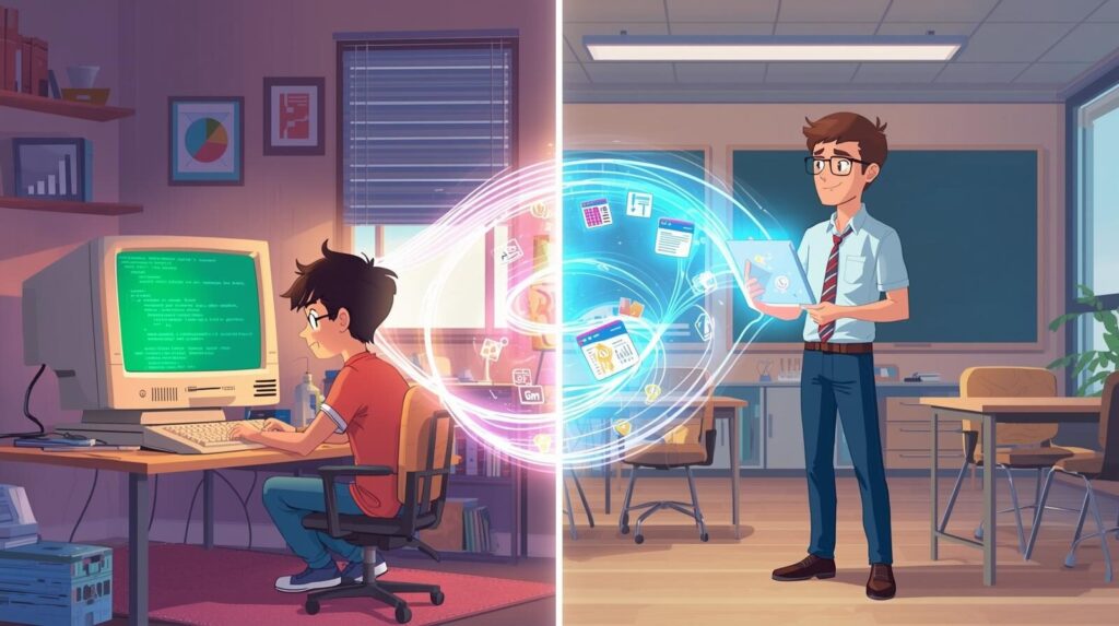 Boy transitioning from old to new technology