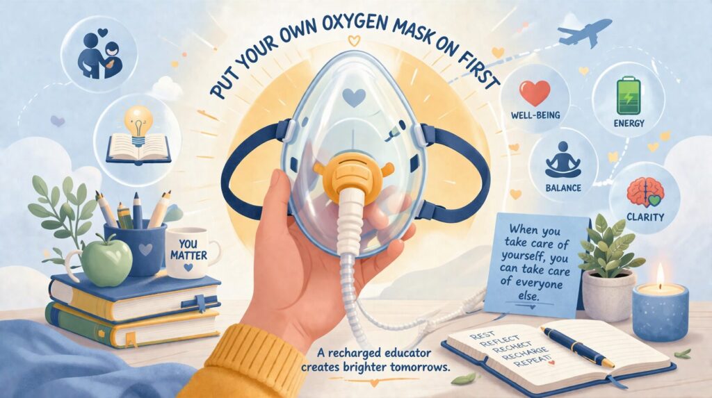 A soft, calming illustration shows a hand holding an oxygen mask at the center, surrounded by gentle classroom elements like books, a notebook, pencils, and small plants, symbolizing an educator’s environment. Subtle icons representing balance, energy, clarity, and well-being radiate outward, reinforcing the idea of self-care and personal renewal before supporting others.