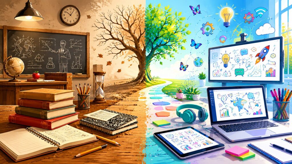 A split-screen illustration showing an old, traditional classroom on the left with a chalkboard and stacked books under dim light, transitioning into a vibrant, modern digital learning space on the right filled with laptops, tablets, interactive screens, and colorful creative icons.