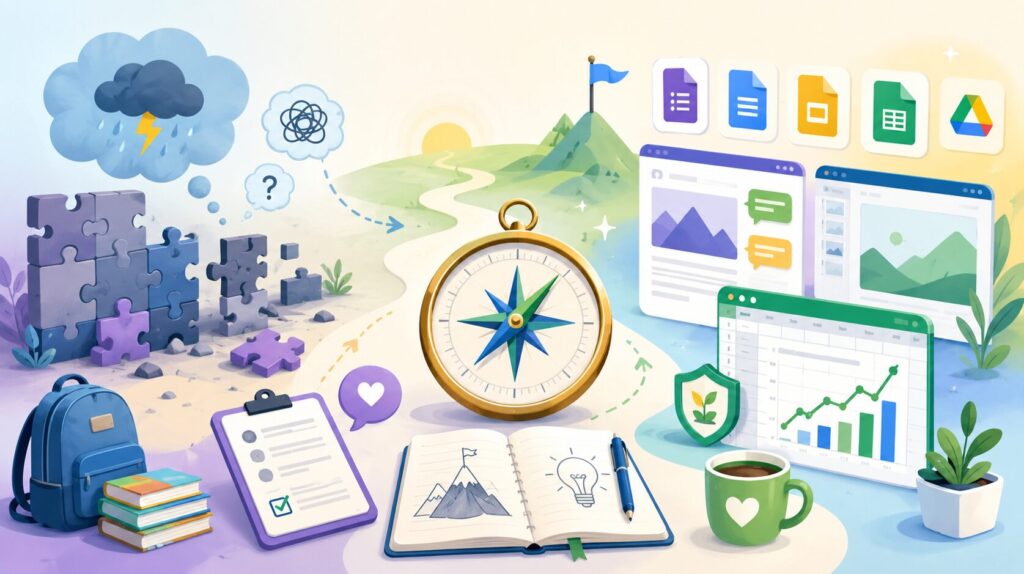Illustrated educational scene showing a compass at the center of a journey from challenge to growth. Broken puzzle pieces, storm clouds, and question marks on one side transition into organized digital tools, progress charts, a winding path, and symbols of learning and resilience on the other. Soft pastel colors represent overcoming obstacles through reflection, growth, and problem-solving.