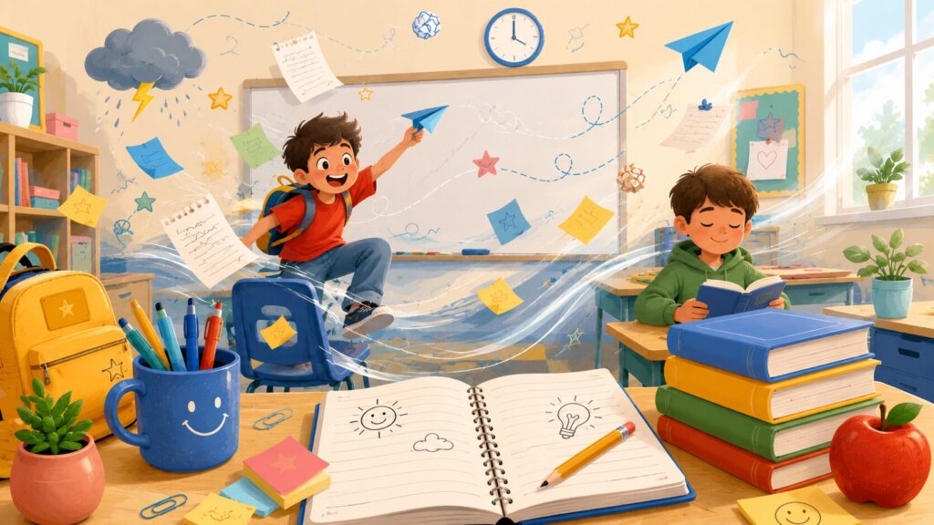 Illustrated classroom scene showing one calm student reading peacefully while another energetic student jumps with a paper airplane as papers swirl through the room, symbolizing the chaos and unpredictability teachers navigate with patience and self-control.