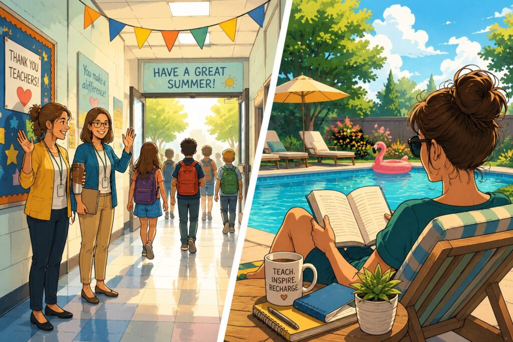 Graphic novel-style split-panel illustration showing the transition from the end of the school year to summer renewal. On the left, cartoon-style teachers stand in a bright school hallway as students with backpacks head out the doors for summer break. On the right, an illustrated teacher relaxes poolside reading a book in a peaceful backyard setting, symbolizing rest, reflection, and rejuvenation for educators.