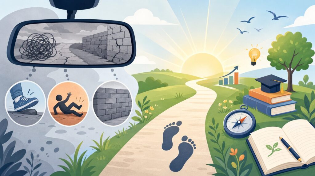 An illustrative conceptual image titled "You keep looking backwards you..." showing a vibrant green landscape with a path leading toward a rising sun. A car's rearview mirror in the upper left displays a bleak, cracked road and a stone wall in grayscale. Three circular icons below the mirror symbolize the consequences of looking back: a foot tripping on a stone, a person falling, and a solid brick wall. The foreground features educational symbols including a compass, an open notebook, and a stack of books with a graduation cap