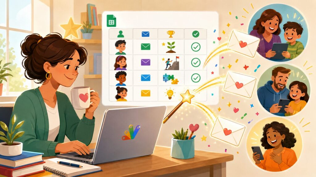 Illustrated teacher uses a laptop and an automated workflow to send positive achievement emails from a spreadsheet. Celebratory messages travel to smiling students and families, symbolizing how automation helps educators recognize success while saving time.