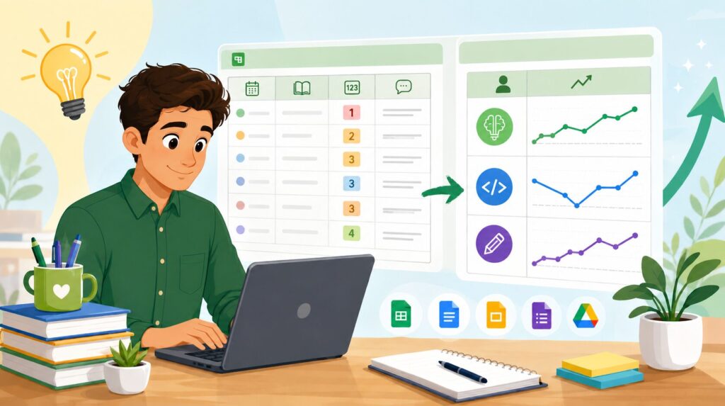 Illustrated male teacher working on a laptop beside a colorful student data dashboard featuring mini trendline charts and growth indicators. The bright classroom workspace symbolizes transforming raw assessment data into clear, visual insights that help educators quickly monitor student progress and skill development.