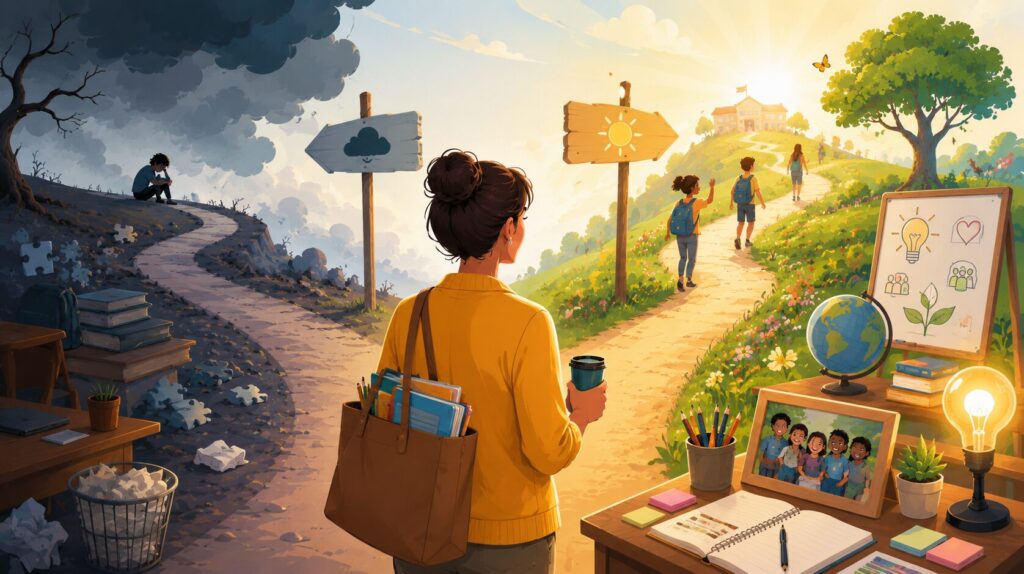An illustrated teacher stands at a fork in the road, choosing between a dark, stormy path and a bright, sunlit path leading toward a school. Educational symbols, students, books, and classroom tools surround the optimistic route, representing growth mindset, resilience, and the power of perspective in education.