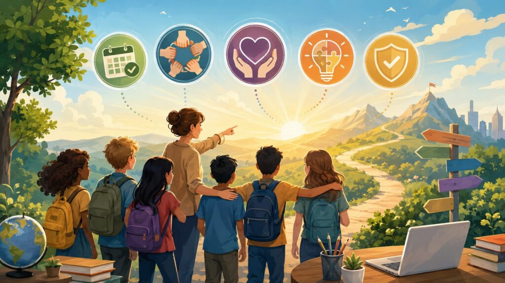 An illustrated teacher guides a diverse group of students toward a bright horizon along a winding path, while symbolic icons representing attendance, collaboration, empathy, problem-solving, and integrity float overhead, illustrating education's timeless mission of preparing students for life beyond the classroom.