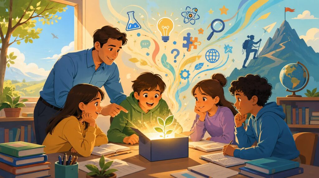 An illustrated teacher guides a diverse group of engaged students gathered around a glowing box from which a young plant emerges, symbolizing curiosity and self-discovery. Light flows upward into icons representing science, creativity, inquiry, and exploration, illustrating how great educators nurture the conditions for learning rather than simply delivering information.