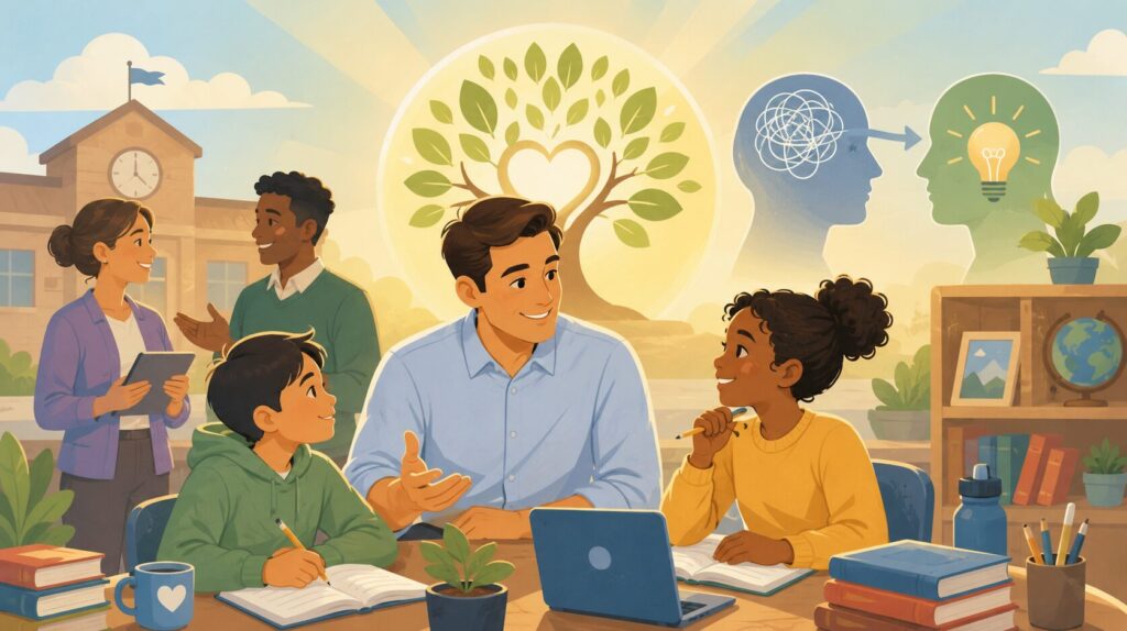 An illustrated teacher warmly guides two students while colleagues collaborate in the background beneath a glowing tree symbolizing wisdom and growth. A tangled thought transforms into a bright lightbulb, representing patience, understanding, and the educator's role in turning ignorance into learning through compassion and collaboration.