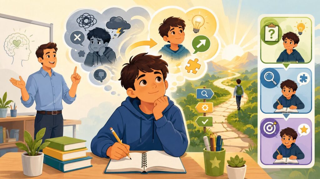 A student reflects on his thinking as a teacher models metacognition, with visual pathways representing the shift from self-doubt and confusion toward problem-solving, confidence, and independent learning.