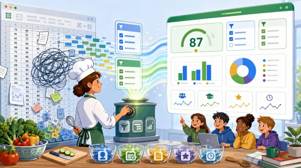 An illustrated educator transforms a chaotic wall of student spreadsheet data into a clean interactive dashboard using colorful visual filters and charts. A cooking-inspired metaphor symbolizes turning raw classroom data into meaningful insights that support better instructional decisions.