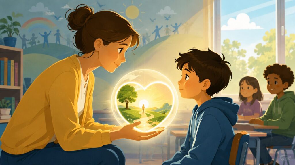 A caring teacher offers a glowing heart-shaped world to a student, symbolizing how one compassionate adult can provide safety, belonging, hope, and life-changing support to a child.