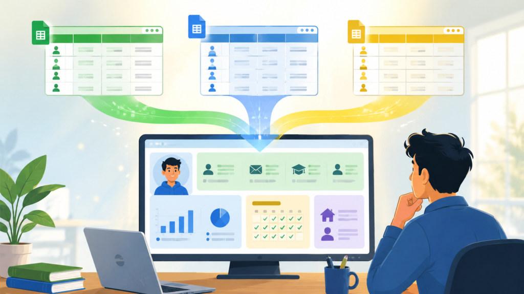 Illustrated educator dashboard showing three separate spreadsheet data sources flowing into one centralized student information dashboard, symbolizing how Google Sheets connects scattered school data into a unified view.