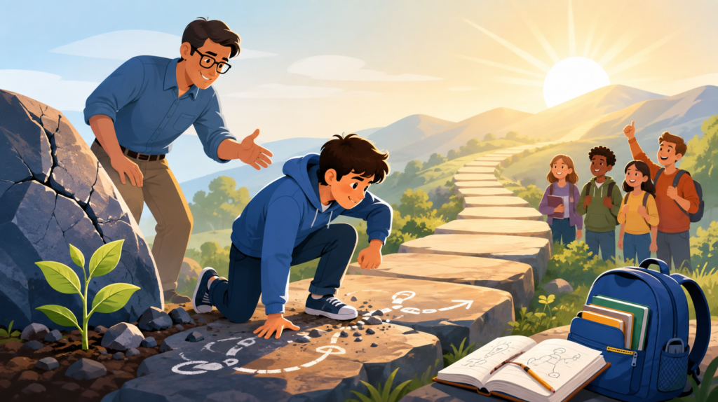 An illustrated student rises after stumbling on a learning path while a supportive teacher reaches out and classmates encourage him, symbolizing resilience, learning from mistakes, and growth through challenges.