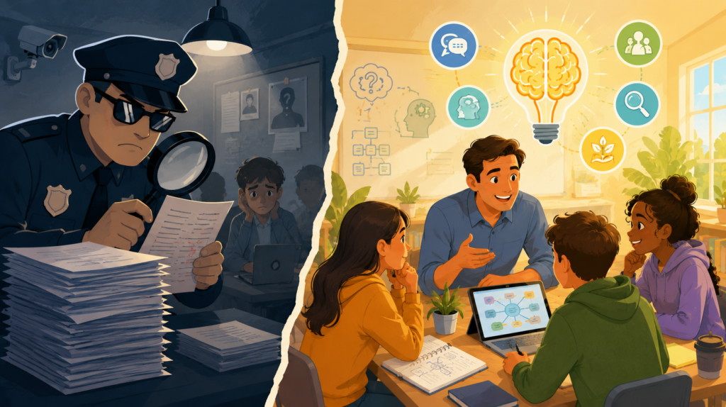 A bright illustrated classroom contrasts a teacher inspecting student work like a police officer with a teacher coaching students through discussion, reasoning, collaboration, and visible thinking.