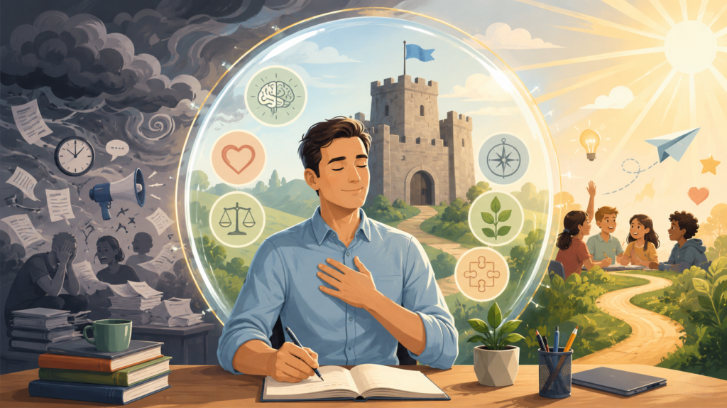 Illustrated teacher remains calm inside a glowing inner citadel while a storm of educational pressures swirls outside, symbolizing how thoughtful responses can preserve happiness and resilience.