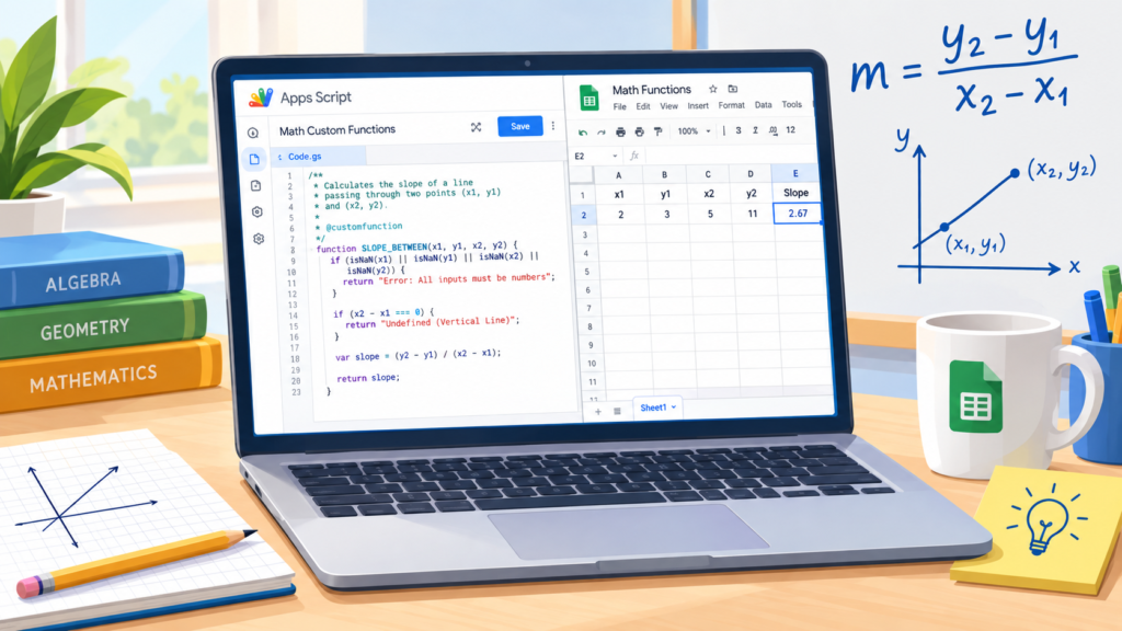 Bright educational illustration of Google Sheets and Apps Script working together to create a custom math function, with a slope formula, coordinate graph, and spreadsheet showing calculated results.