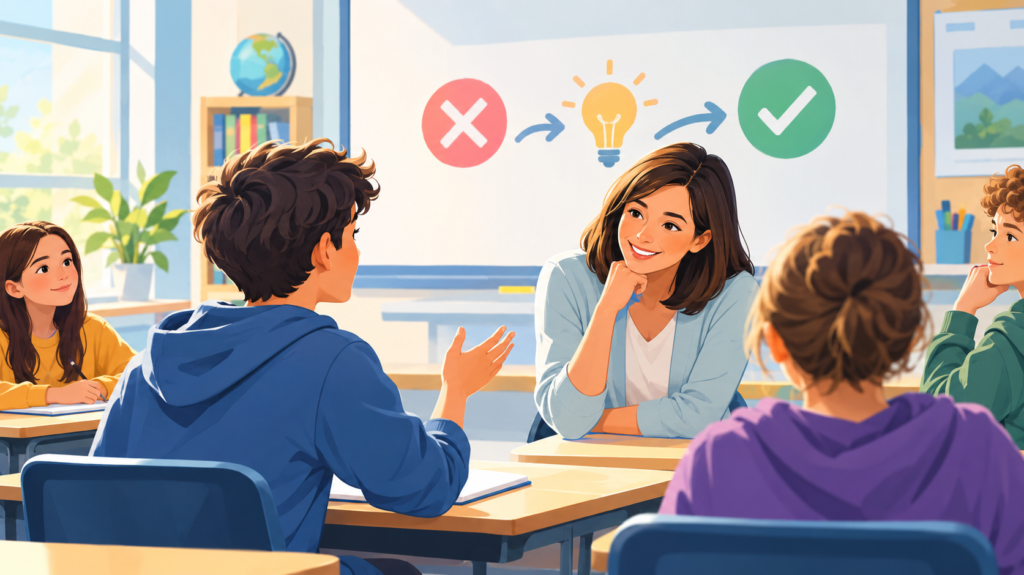 A supportive classroom scene shows a student confidently sharing an idea while a teacher listens, symbolizing how mistakes and incorrect answers can become opportunities for learning and intellectual growth.