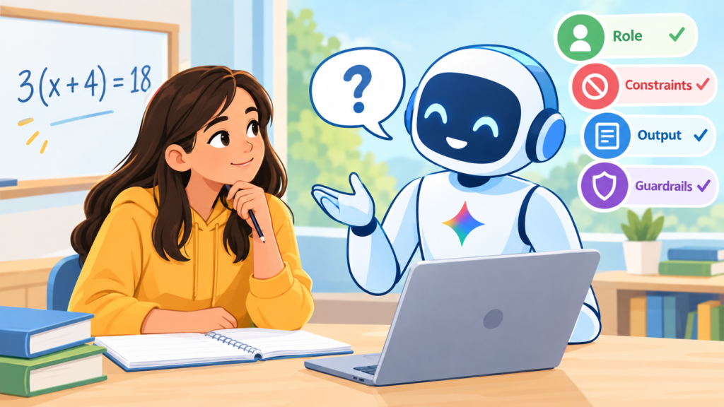 Illustrated student working with an AI tutor that uses questions instead of answers, symbolizing Gemini Gems, Socratic coaching, and the RCOG framework for protecting student thinking.