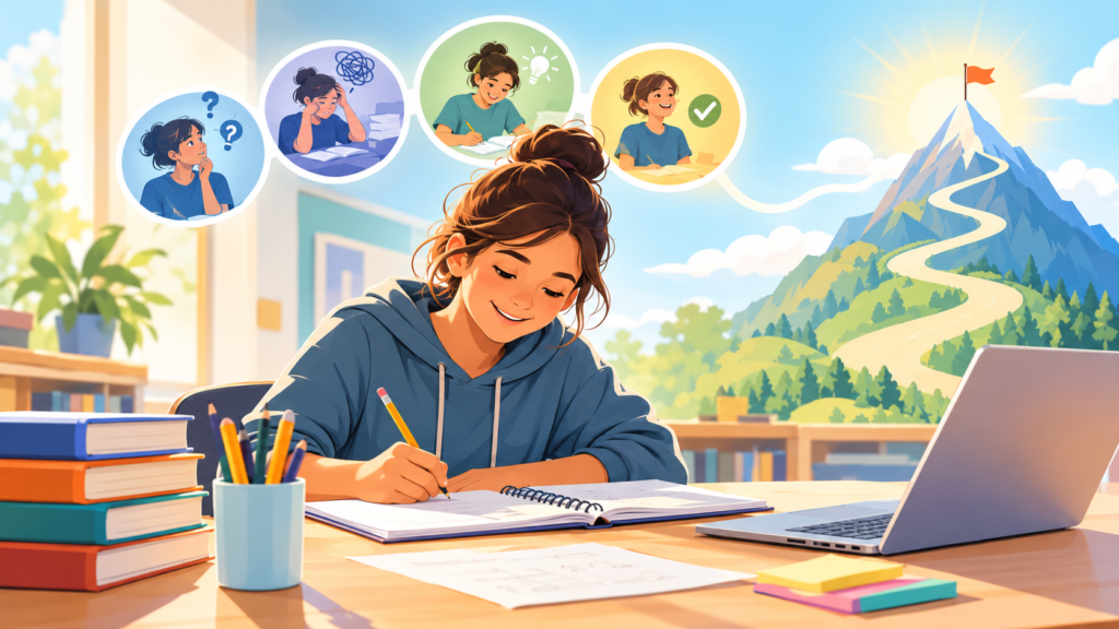 Illustrated student deeply engaged in learning at a desk, surrounded by moments of confusion, discovery, and progress, with a winding mountain path symbolizing the rewarding journey of learning.