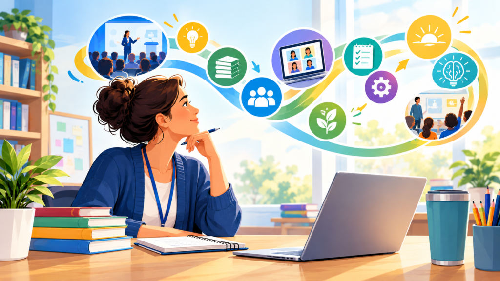 An illustrated teacher reflects on lifelong learning at her desk, surrounded by books, a laptop, and colorful symbols of collaboration, creativity, professional development, and new teaching skills in a bright classroom setting.
