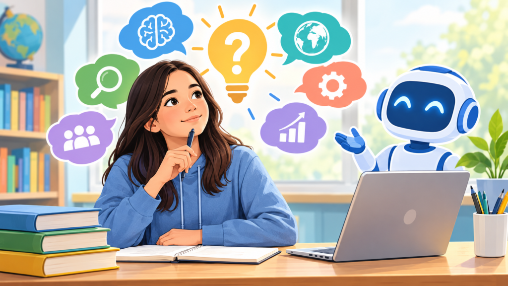 A thoughtful student considers a glowing question mark while exploring ideas with a friendly AI robot, symbolizing the importance of curiosity, critical thinking, and asking deeper questions in an AI-powered classroom.