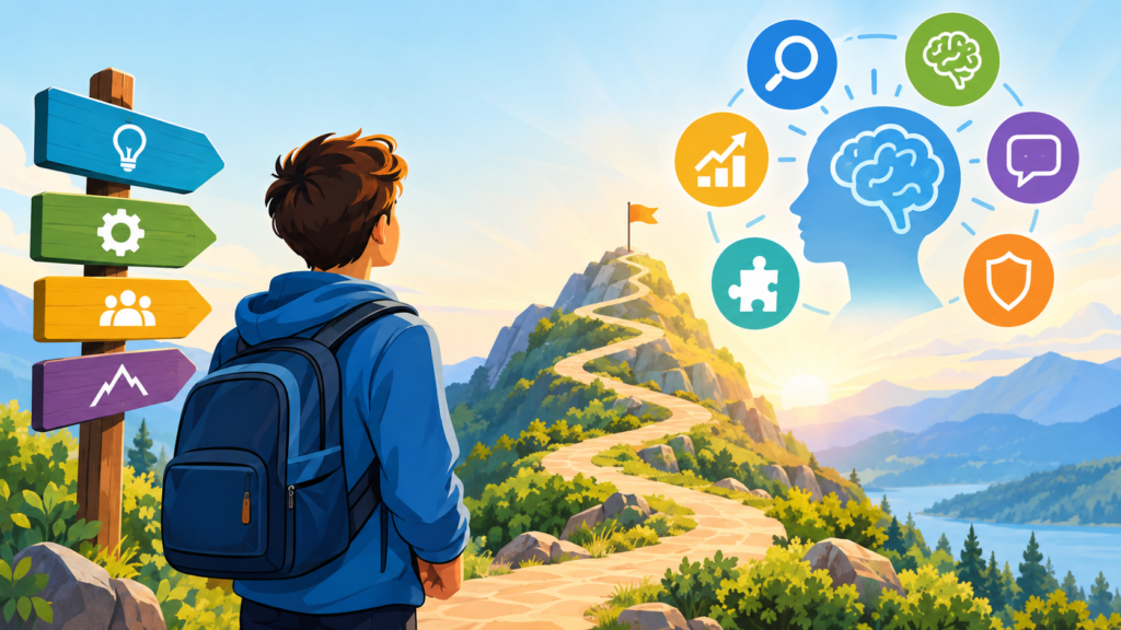 Illustrated student standing before a winding mountain path, symbolizing how education and AI should develop critical thinking, problem-solving, resilience, and intellectual growth beyond simply finding answers.